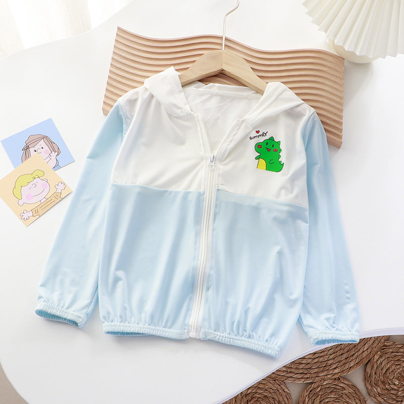 Unisex nan leichte Kinder-Softshelljacke mit Kapuze, Reißverschluss und niedlichem Dino-Print  EB