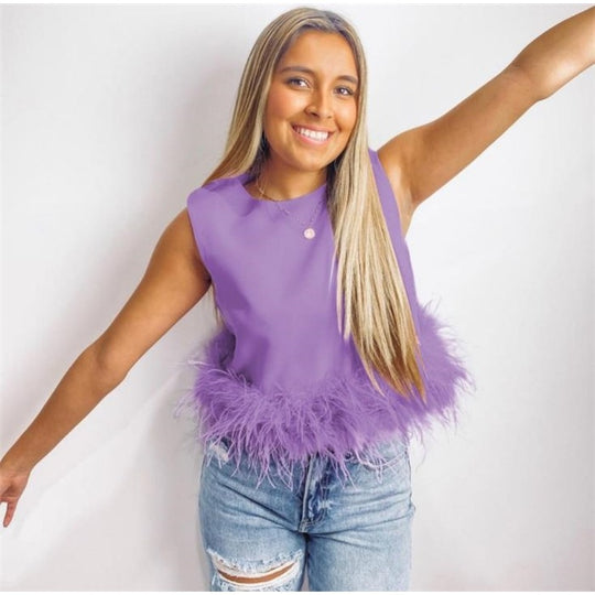Damen Elegantes Top mit Federn und Rundhalsausschnitt EB