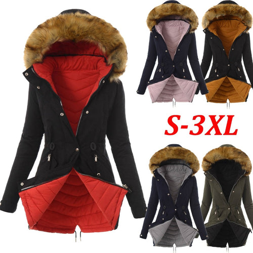 Damen modische Winterjacke mit abnehmbarem Kunstfellkragen EB