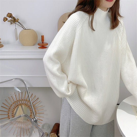 Damen Oversized Strickpullover mit hohem Kragen und feiner Rippstruktur EB