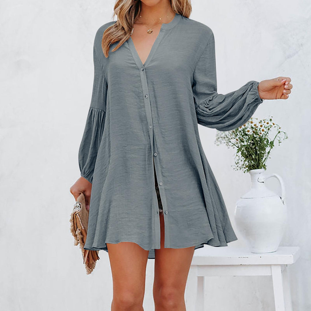 Damen Lässige Bluse mit Ballonärmeln und durchgehender Knopfleiste EB