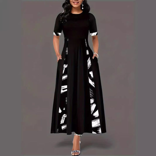 Damen elegantes Maxikleid mit modischem Pinselstrich-Muster und praktischen Taschen EB