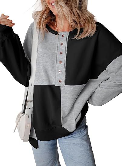 Damen lässiger Kapuzenpullover mit Knopfdetails und Farbblockdesign EB