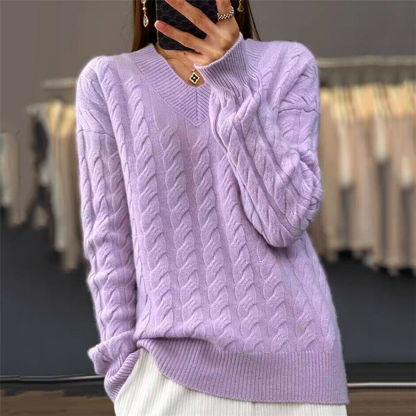 Damen nan weich fallender Zopfmuster-Pullover mit V-Ausschnitt, Oversize-Schnitt und geripptem Saum EB
