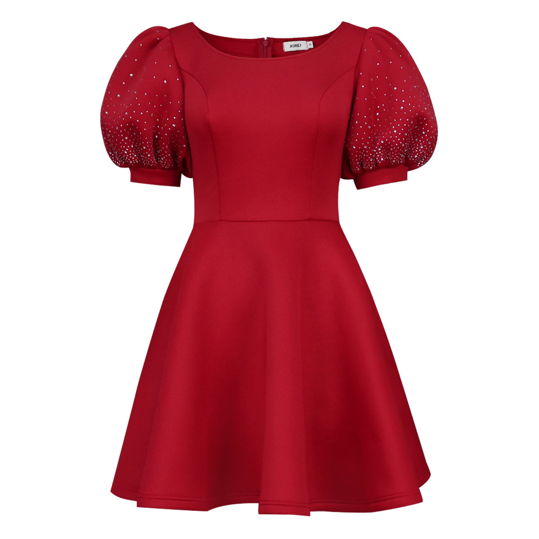 Damen A-Linien Kleid mit glamourösen Puffärmeln und Perlenapplikationen EB