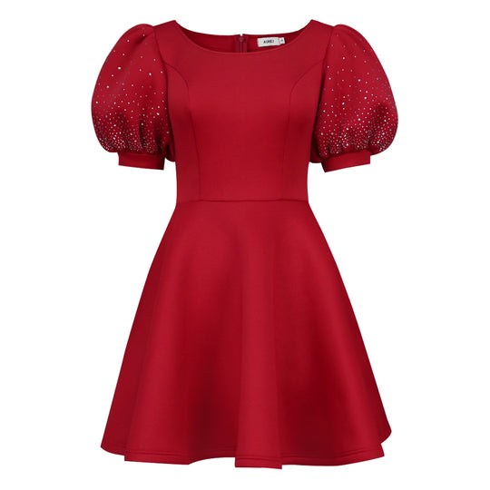 Damen A-Linien Kleid mit glamourösen Puffärmeln und Perlenapplikationen EB