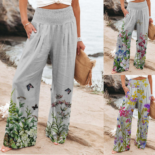 Damen weite Floral-Hose mit elastischem Bund und seitlichen Taschen EB