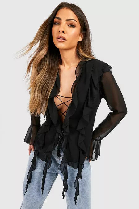 Damen Rüschenshirt mit eleganten Schnürdetails und transparenten Ärmeln EB
