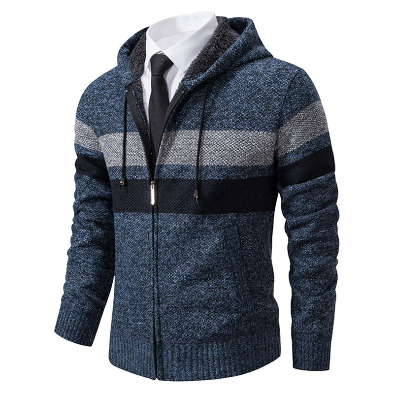 Herren nan gefütterte Kapuzen-Strickjacke mit Teddyfutter, durchgehendem Reißverschluss und kontrastierenden Streifen EB