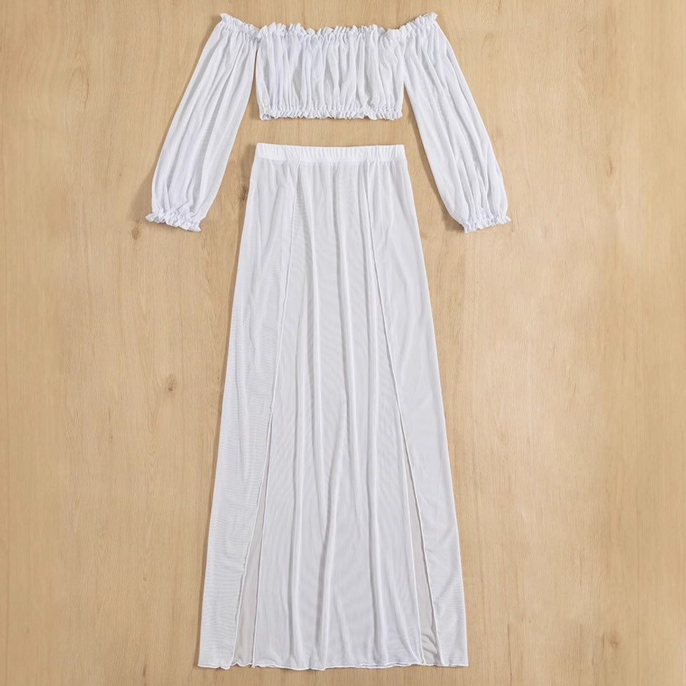 Damen Elegantes Strandkleid mit schulterfreiem Design und tiefen Seitenschlitzen EB