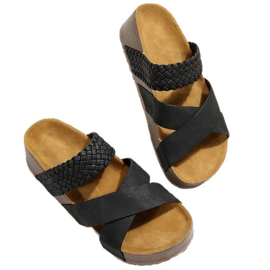Damen Plateau-Pantolette mit geflochtenen Riemen, gekreuzter Zehenpartie und ergonomischer Keilsohle EB