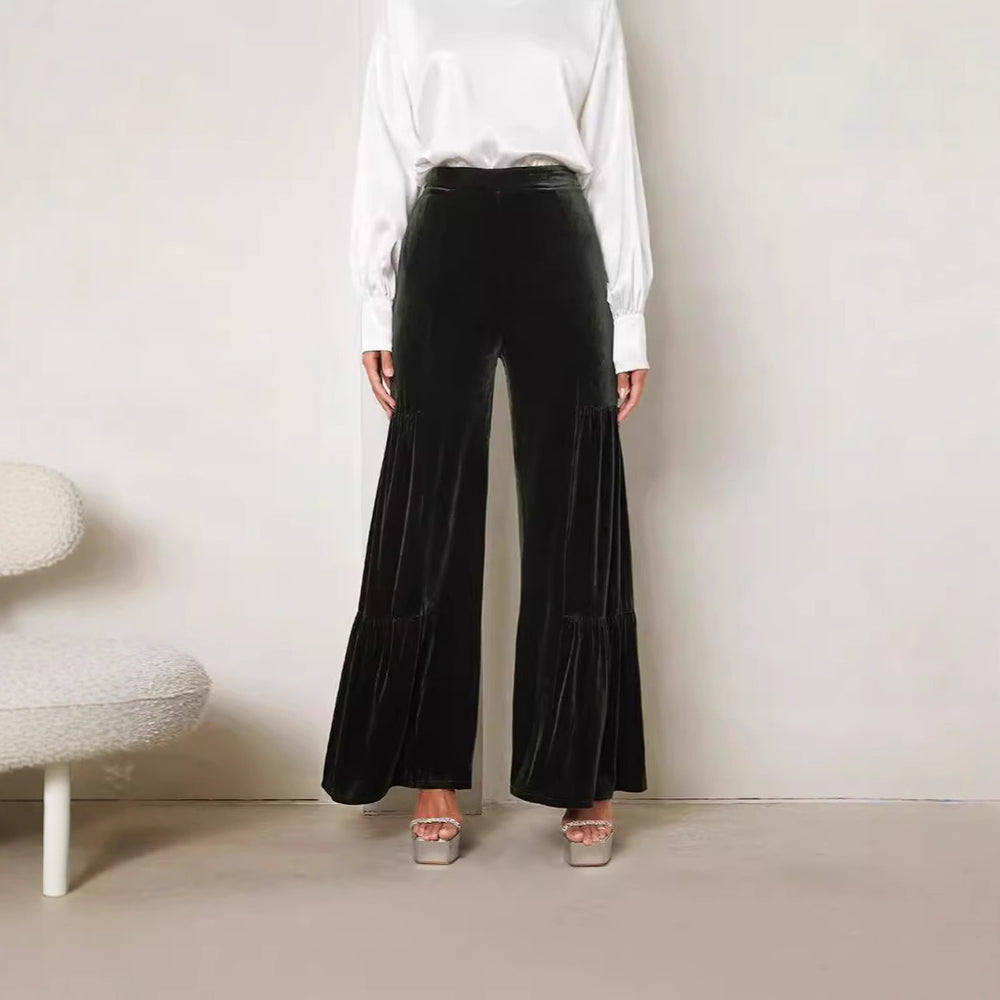 Damen Elegante Samt-Hosen mit Weitem Bein und Hohem Bund EB