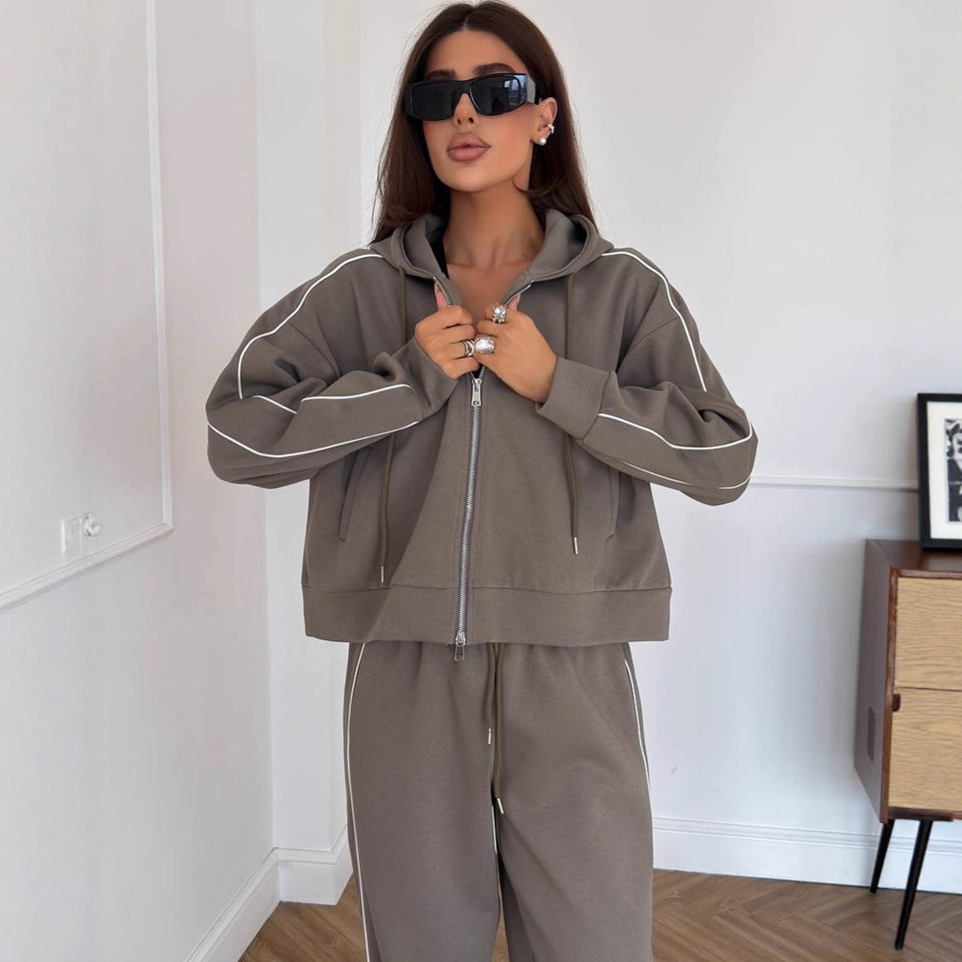 Damen Lässiges zweiteiliges Lounge-Set mit oversized Zipjacke und weitem Kordelzug-Hosenbund EB