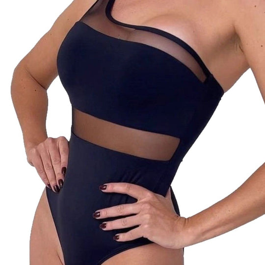 Damen einseitiger Badeanzug mit transparenten Einsätzen EB