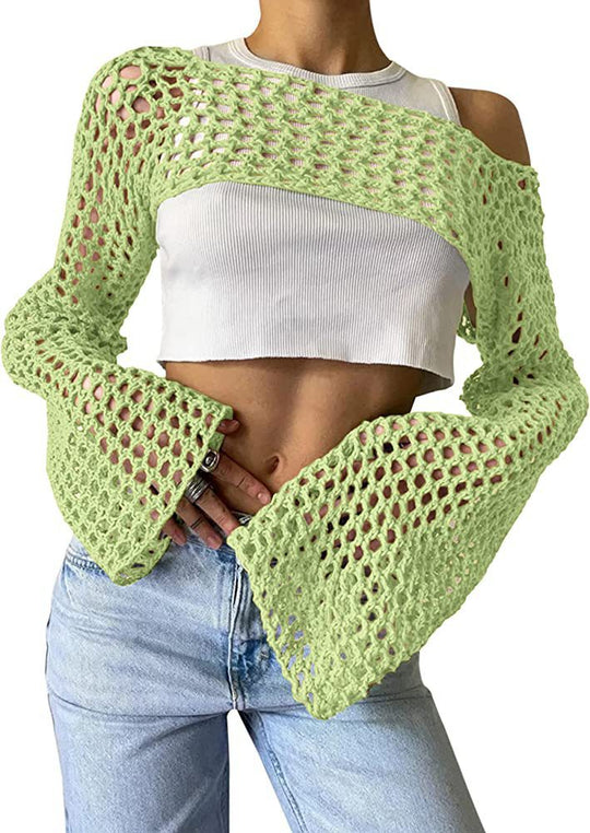 Damen gehäkeltes Langarm-Top mit Off-Shoulder-Design EB