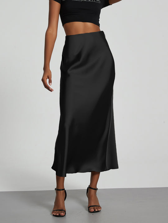 Damen Stilvolle Satin-Stretchrock mit hohem Bund und fließendem Schnitt EB