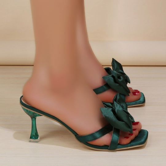 Damen Satin-Mules mit großer Zierschleife und transparentem Stiletto-Absatz EB