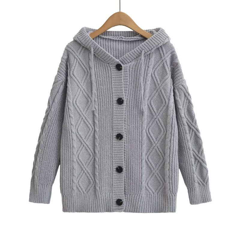 Damen Strickjacke mit Kapuze und modischem Zopfmuster EB