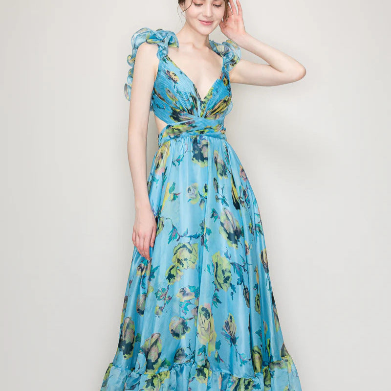 Damen Maxikleid mit luftigen Rüschendetails und ausgefallenem Wickeldesign EB