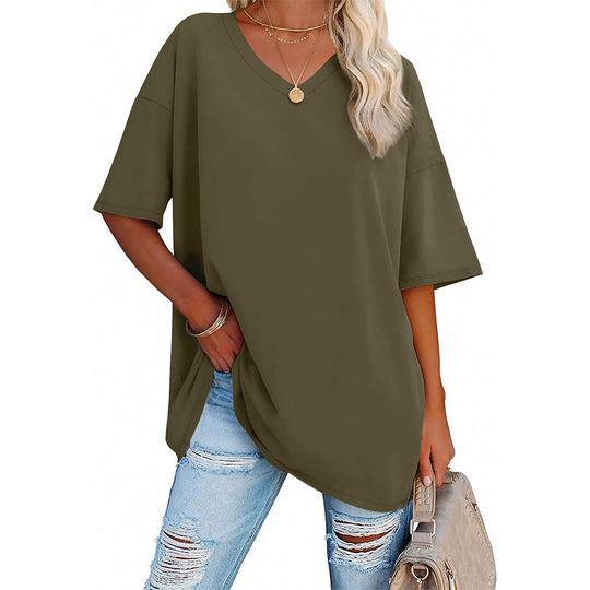 Damen Oversized T-Shirt mit V-Ausschnitt und seitlichen Schlitzen EB