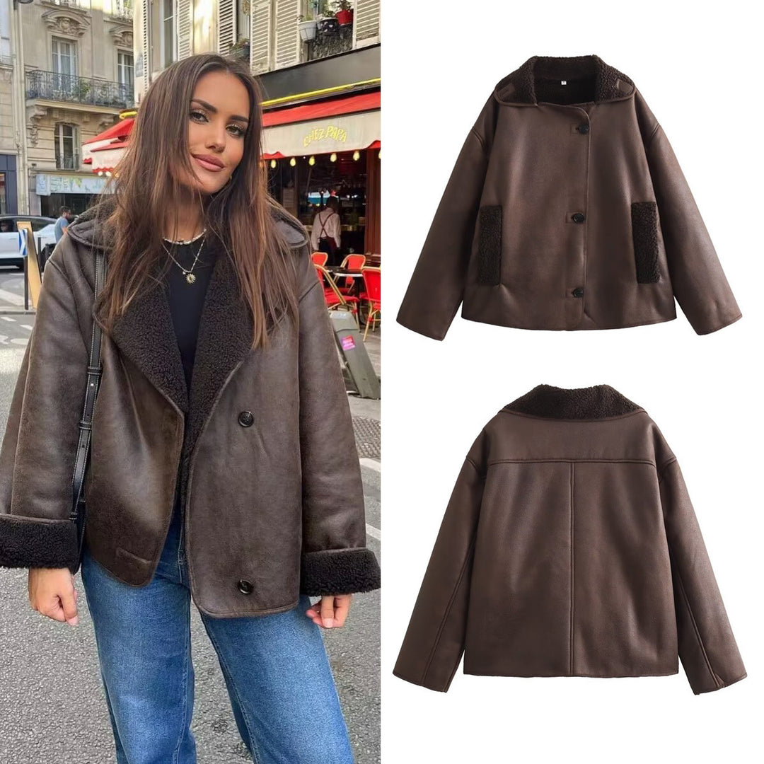 Damen nan Oversize Lammfellimitat Kunstlederjacke mit Sherpa-Kragen und Eingrifftaschen EB