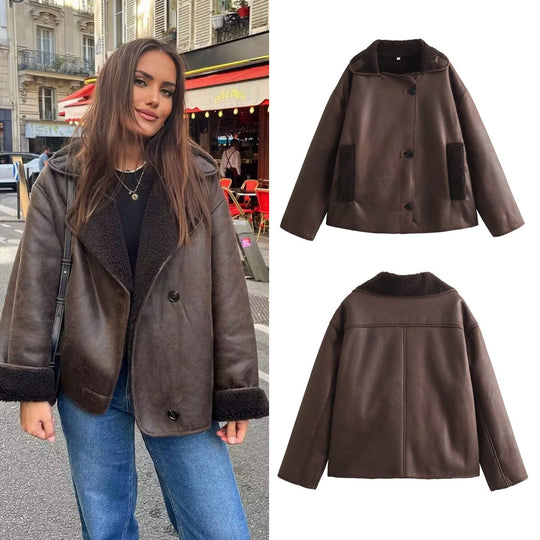 Damen nan Oversize Lammfellimitat Kunstlederjacke mit Sherpa-Kragen und Eingrifftaschen EB