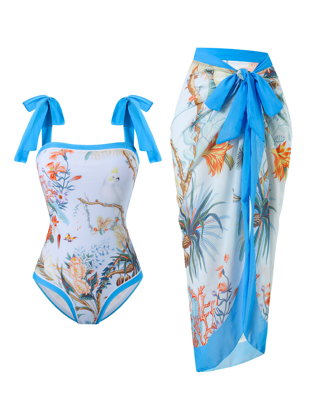 Damen Badeanzug mit floralem Design und transparentem Wickelrock EB
