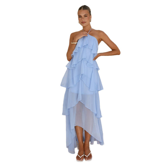 Damen Rüschen-Maxikleid mit asymmetrischem Design und elegantem Halteroberteil R&B