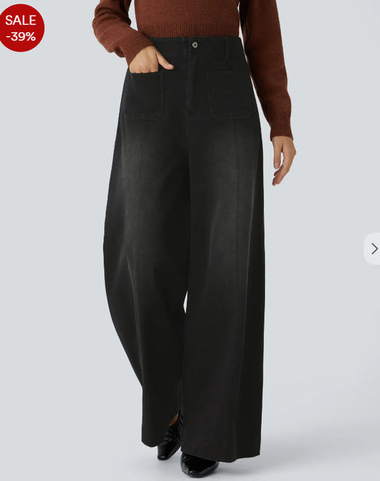 Damen Weitgeschnittene Denim-Hose mit hohen Bund und großen Taschen EB