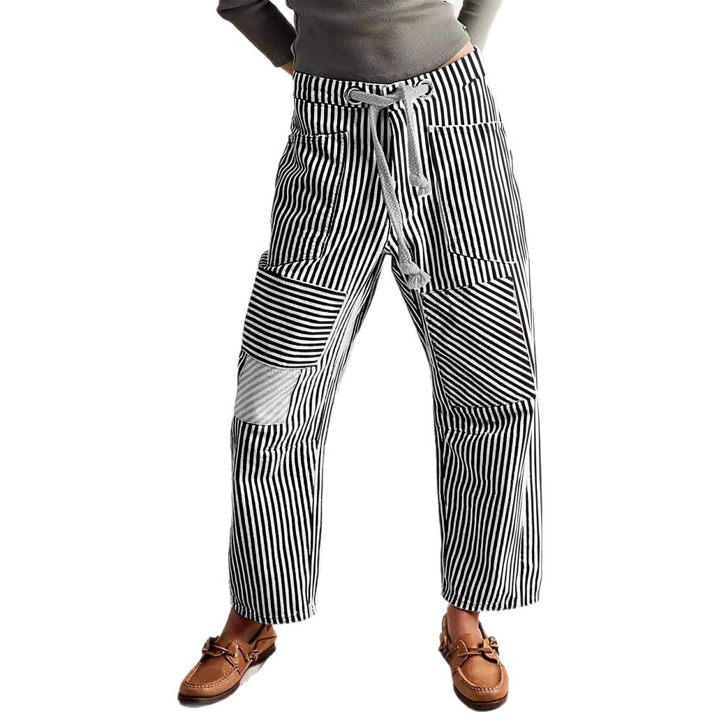 Damen nan lässige gestreifte Leinenhose mit Kordelzug und aufgesetzten Taschen EB