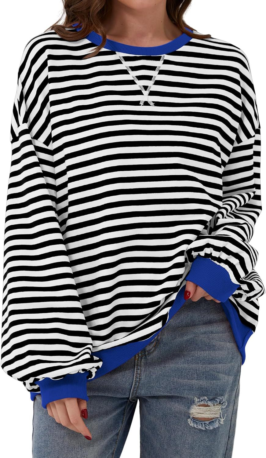 Damen lässiger Oversized Sweatshirt mit bunten Streifen und Kapuzenkordel EB