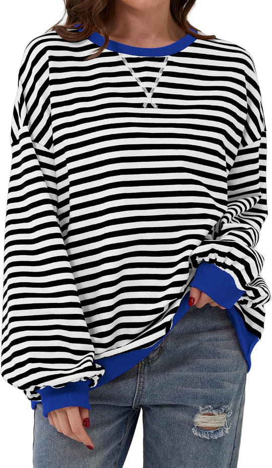 Damen lässiger Oversized Sweatshirt mit bunten Streifen und Kapuzenkordel EB