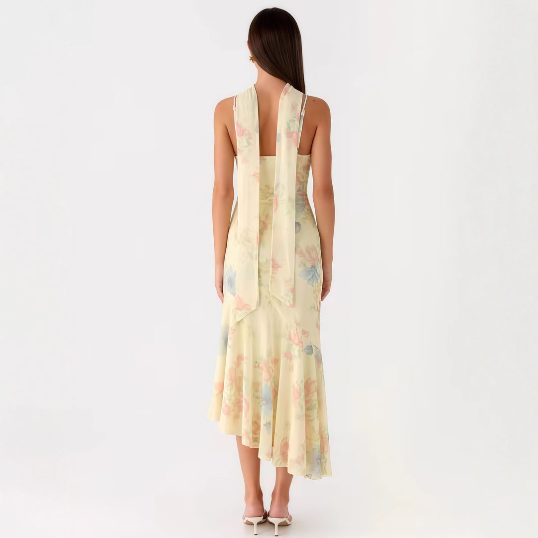 Damen Elegantes Maxikleid mit blumigem Chiffon-Design und Neckholder-Ausschnitt EB