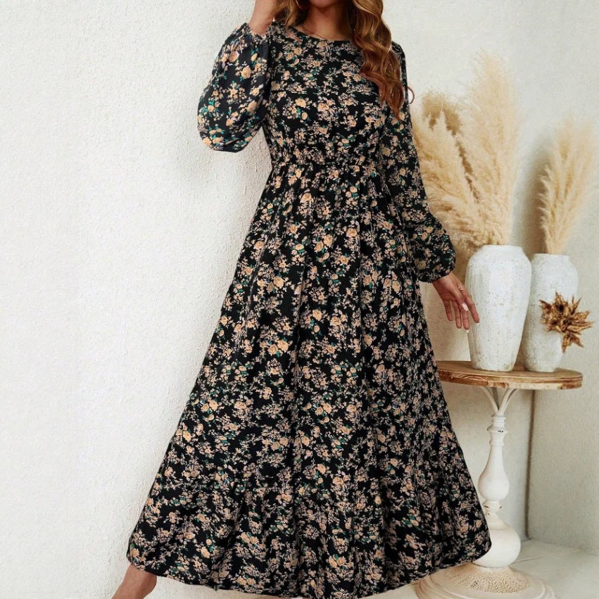 Damen Florales Midikleid mit elastischer Taillenpartie, langen Balloonärmeln und Volantstufe EB