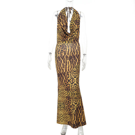 Damen Langarm-Maxikleid mit gerafftem Ausschnitt und animalischem Muster EB