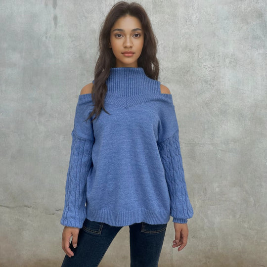 Damen Strickpullover mit Off-Shoulder-Design und strukturierten Ärmeln EB