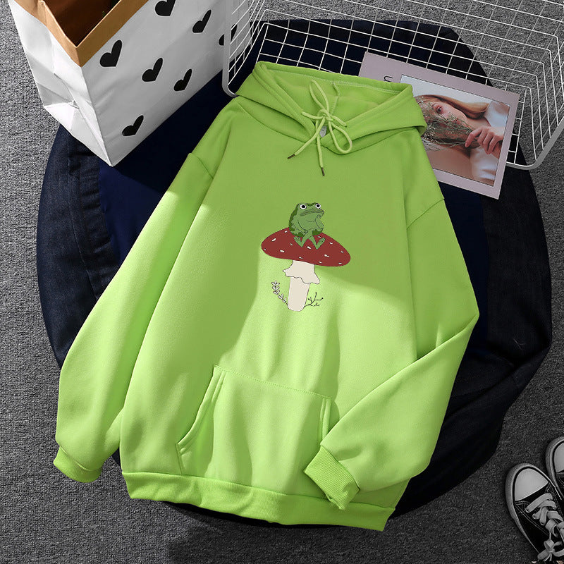 Damen nan oversized Kapuzenpullover mit Kängurutasche und Frosch‑Pilz-Print EB