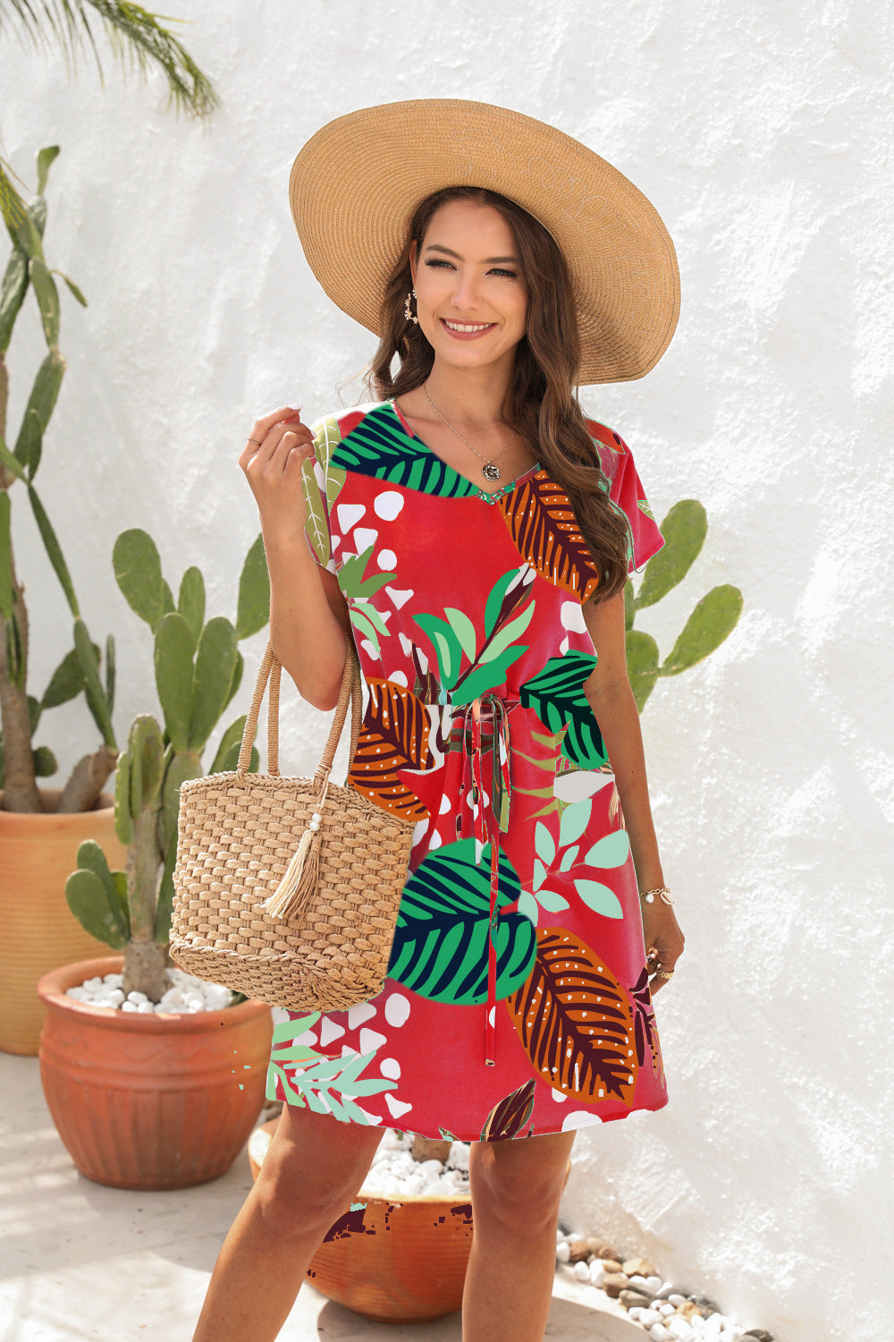 Damen Sommerliches Freizeitkleid mit floralem Muster und Taillengürtel EB