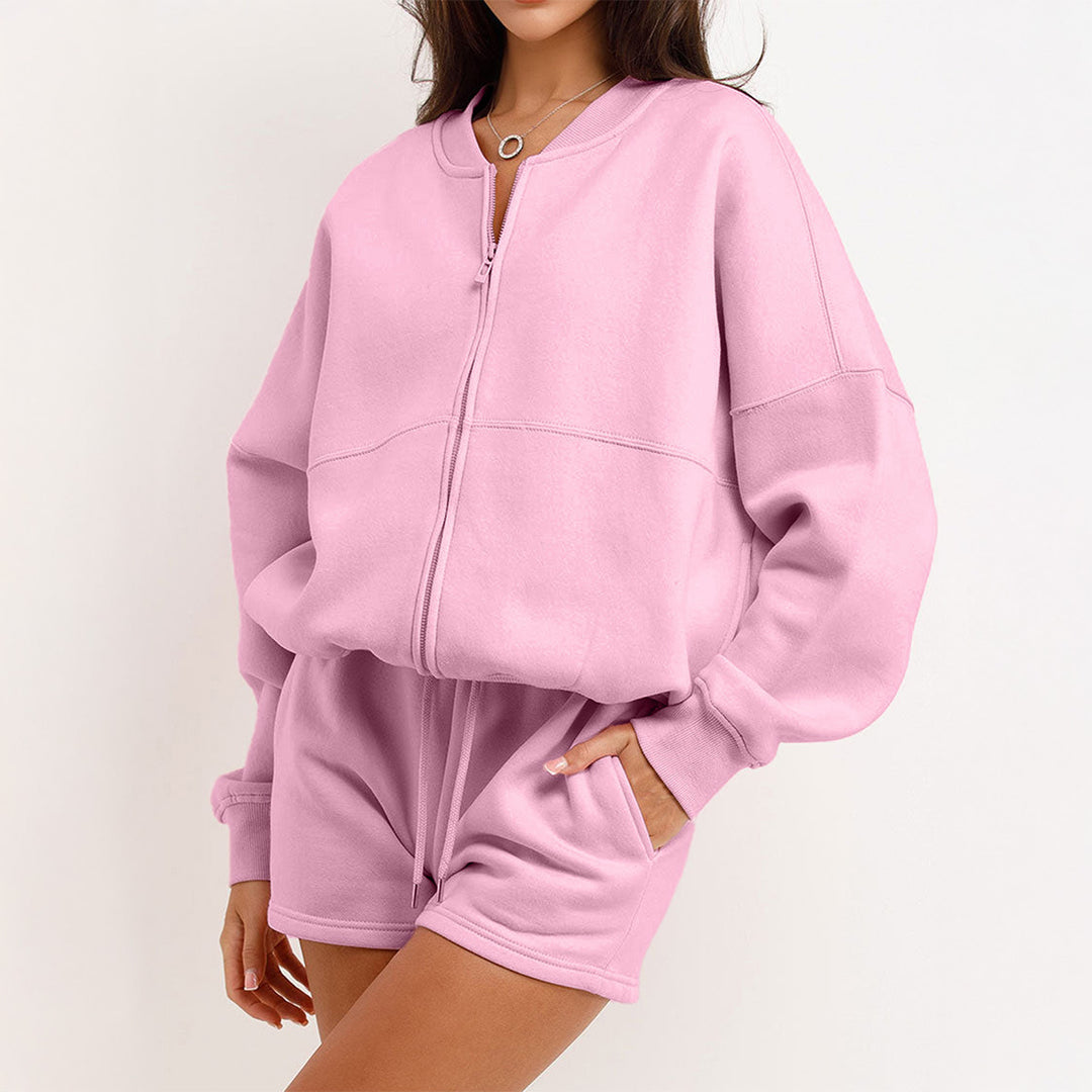 Damen nan zweiteiliges Sweat-Set mit oversized Reißverschluss-Jacke und elastischer Highwaist-Shorts EB