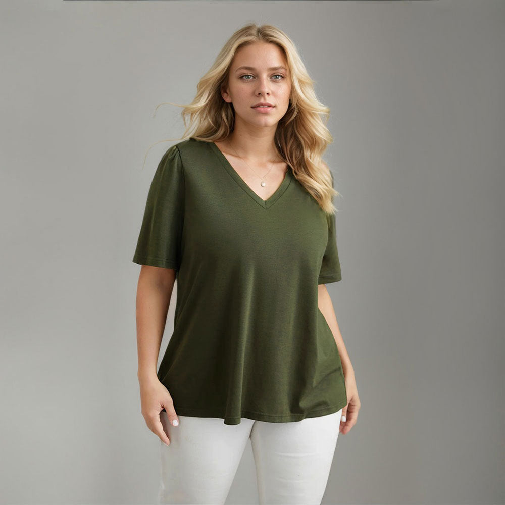 Damen Lässiges V-Ausschnitt T-Shirt mit Seitentaschen und weichem Material EB