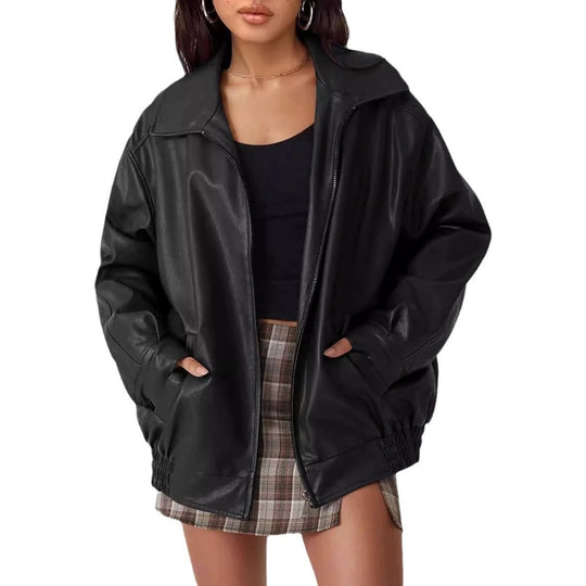 Damen modische und oversized Kunstlederjacke EB