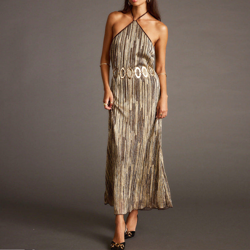 Damen Elegantes Maxikleid mit schimmerndem Streifenmuster und Rückenbindeband EB