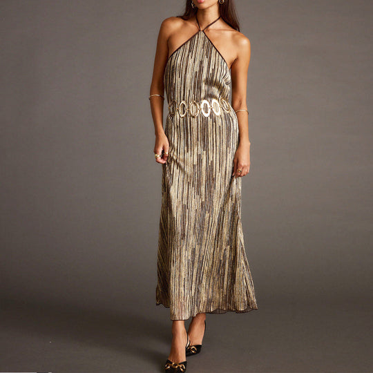 Damen Elegantes Maxikleid mit schimmerndem Streifenmuster und Rückenbindeband EB