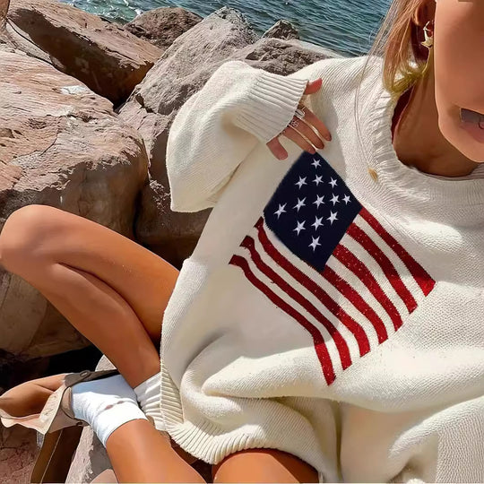 Damen Strickpullover mit amerikanischem Flaggenmotiv EB