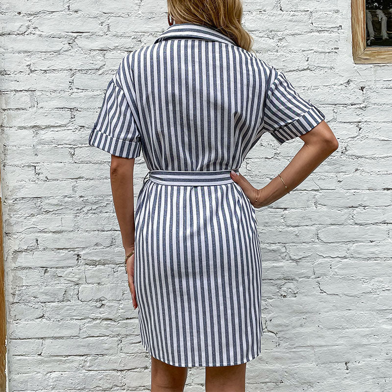 Damen Hemdblusenkleid mit Taillengürtel und klassischen Streifen EB