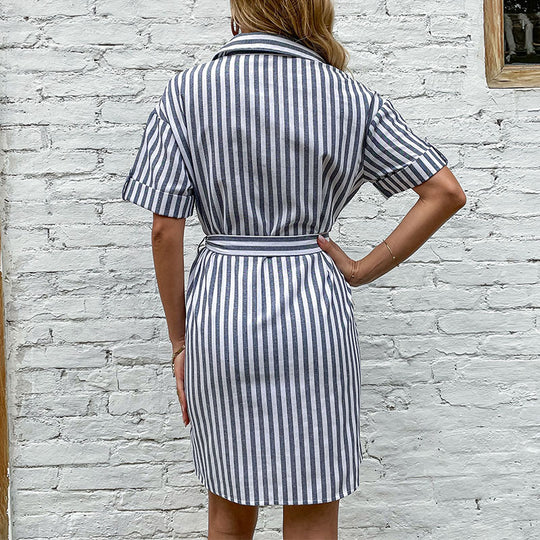 Damen Hemdblusenkleid mit Taillengürtel und klassischen Streifen EB