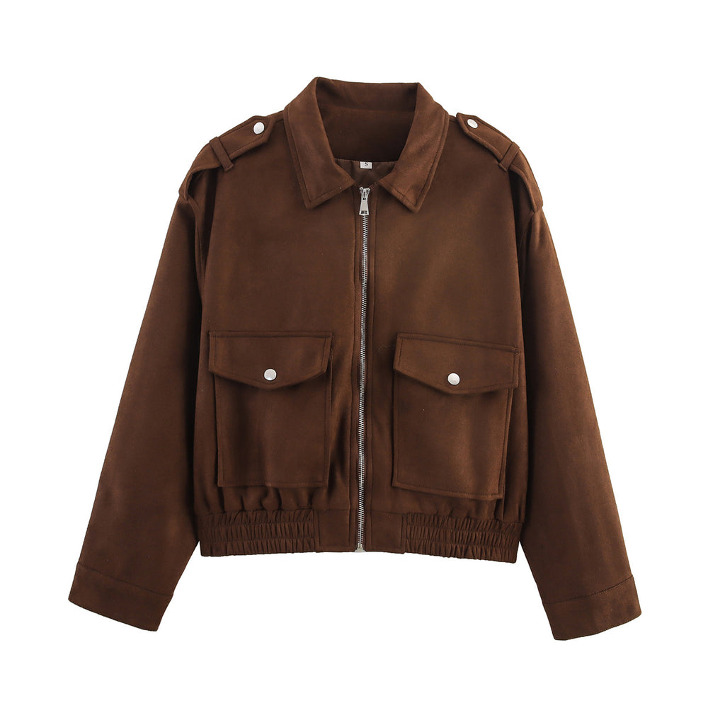 Damen lässige Kunstleder-Bomberjacke mit praktischen Taschen EB