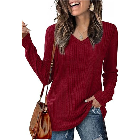 Damen modischer V-Ausschnitt Pullover mit Rippstruktur EB