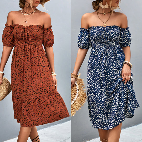 Damen Off-Shoulder Freizeitkleid mit eleganten Puffärmeln und floralen Mustern EB