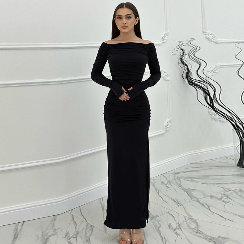 Damen figurbetontes Maxikleid mit Raffungen und elegantem Schlitz EB